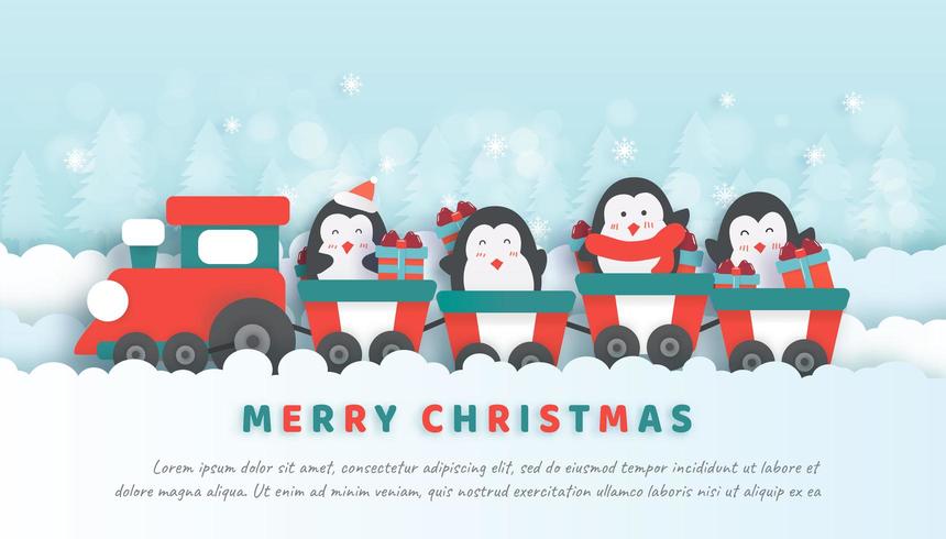 Julfirande med söta pingviner som sitter på tåget. vektor