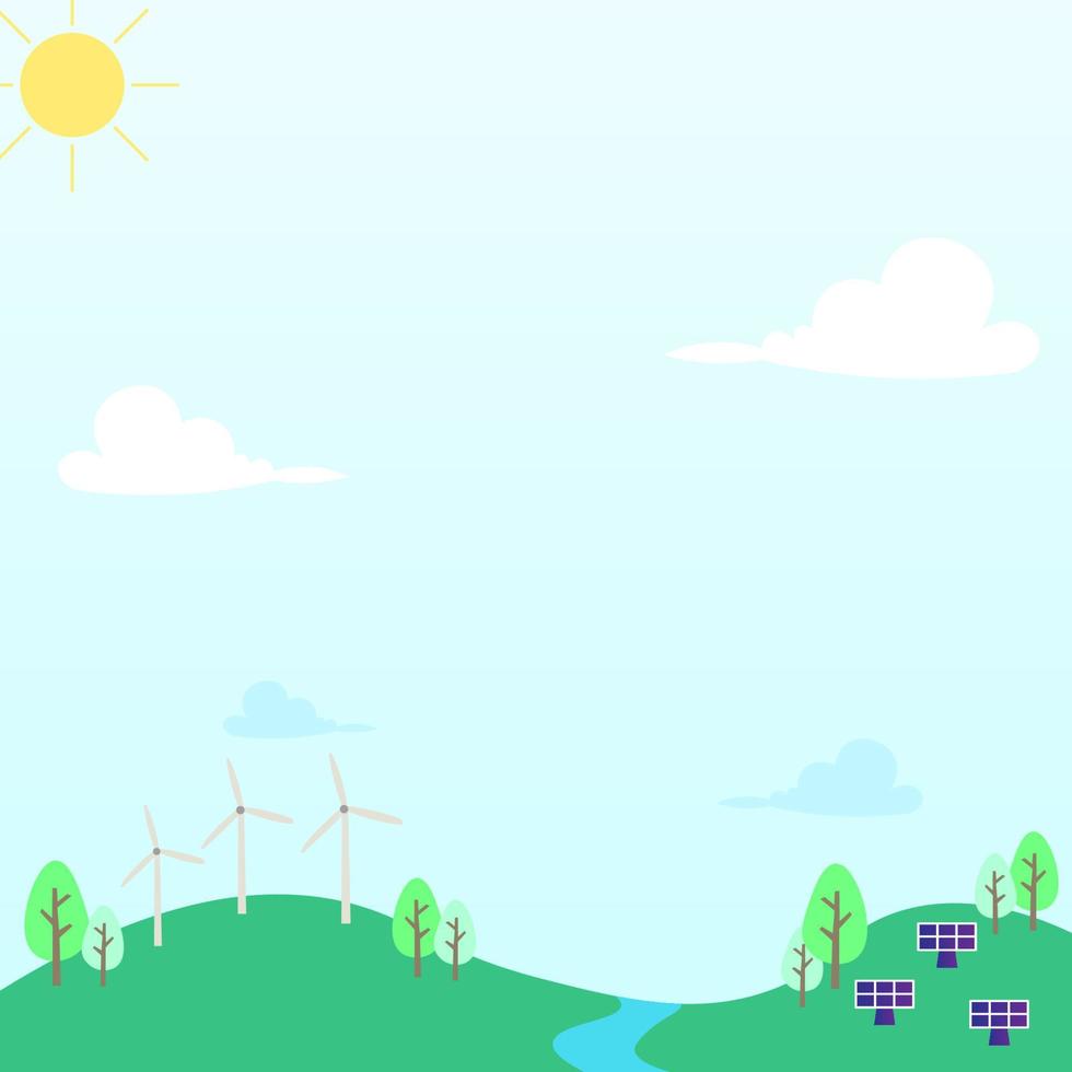 grüner ökoenergiekonzept-hintergrundillustrationsvektor, landschaft, wald, hügel, bäume mit windturbinen und sonnenkollektor vektor