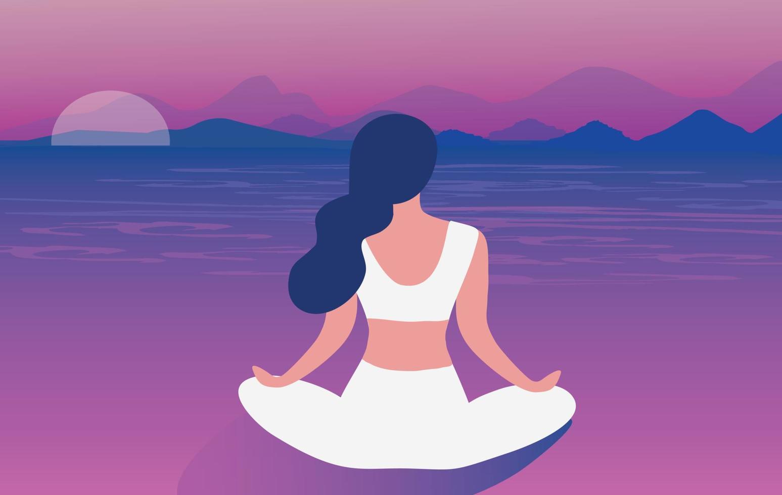 kvinna sitter på meditation i solnedgången strand bakgrund vektorillustration yoga, meditation, koppla av, rekreation, hälsosam livsstil koncept bakgrund vektor
