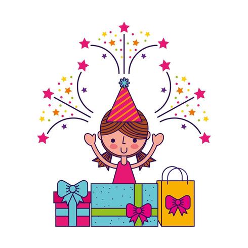 Alles Gute zum Geburtstagskarte mit kleinen Mädchen lächelnd, Geschenkboxen und Feuerwerk vektor