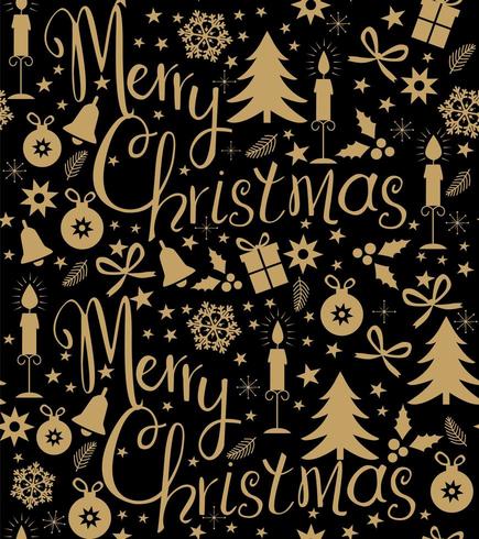 Schwarzes nahtloses Muster der frohen Weihnachten mit goldenen funkelnden Glocken, Bäume, Schneeflocken vektor