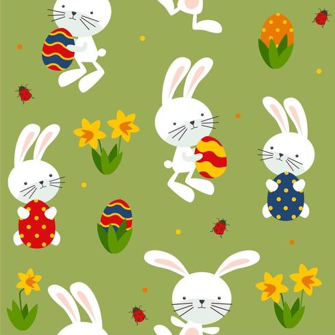 Nahtloses Muster von lustigen Kaninchen, von Eiern und von Blumen. vektor