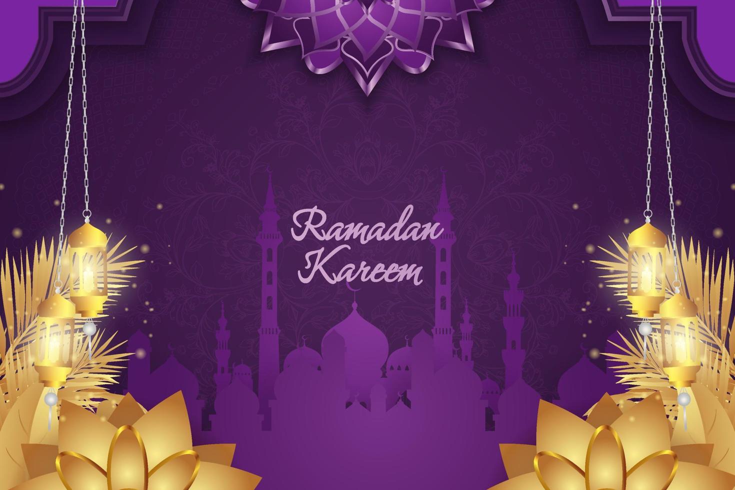 bakgrund ramadan kareem islamisk lila och guld lyx med mandala och moské vektor