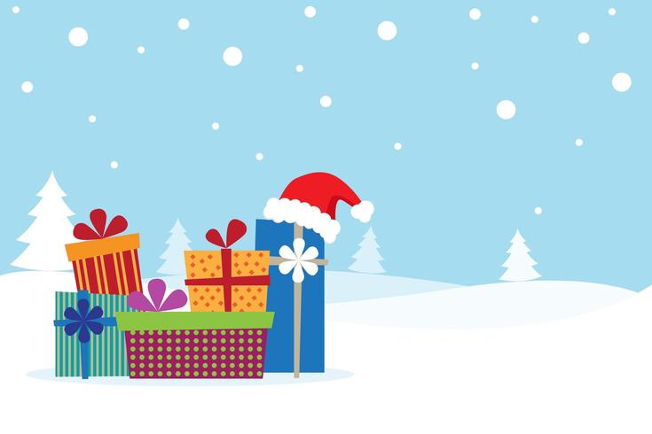 Julkort med många gåvor på snön och santa hatten vektor