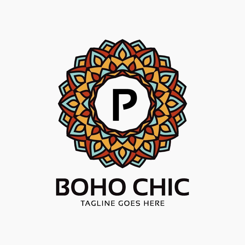 bokstaven p boho chic rund dekoration vintage färg mandala vektor logotyp designelement