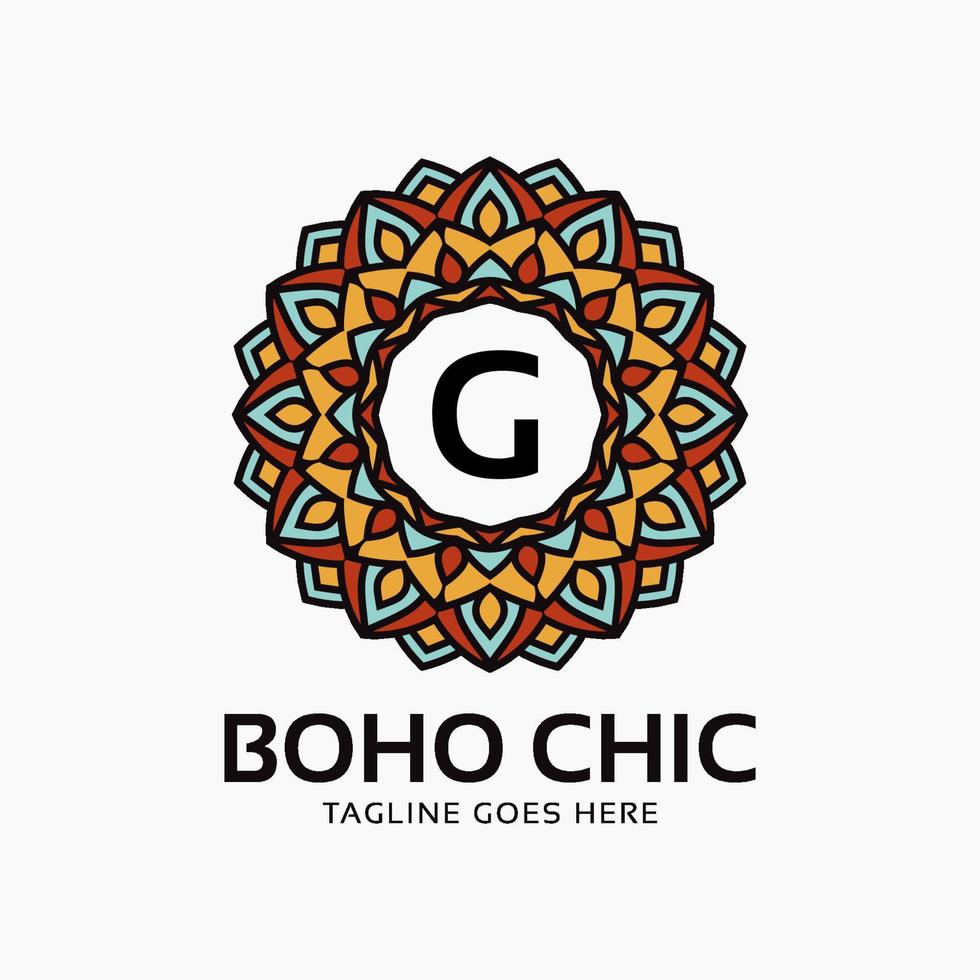 bokstaven g boho chic rund dekoration vintage färg mandala vektor logotyp designelement