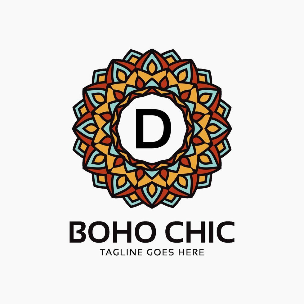buchstabe d boho chic runde dekoration vintage farbe mandala vektor logo design element