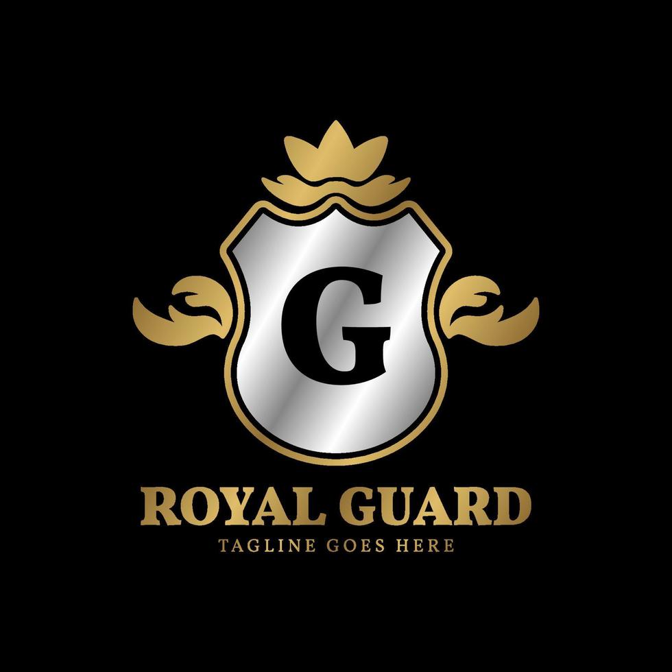 bokstaven g royal guard lyxig guld och silver vektor logotypdesign