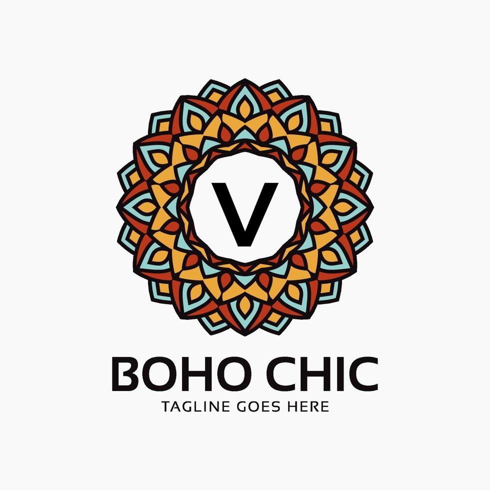 buchstabe v boho chic runde dekoration vintage farbe mandala vektor logo design element