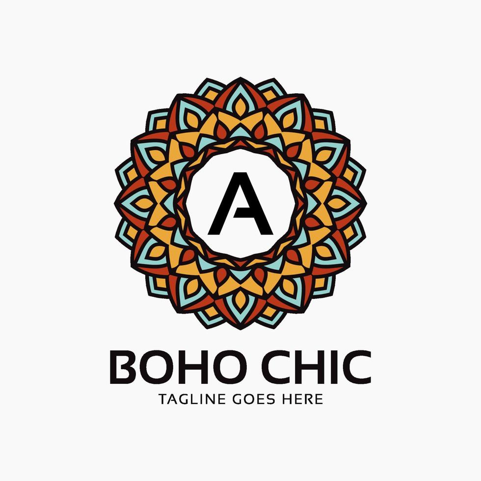 bokstaven en boho chic rund dekoration vintage färg mandala vektor logotyp designelement
