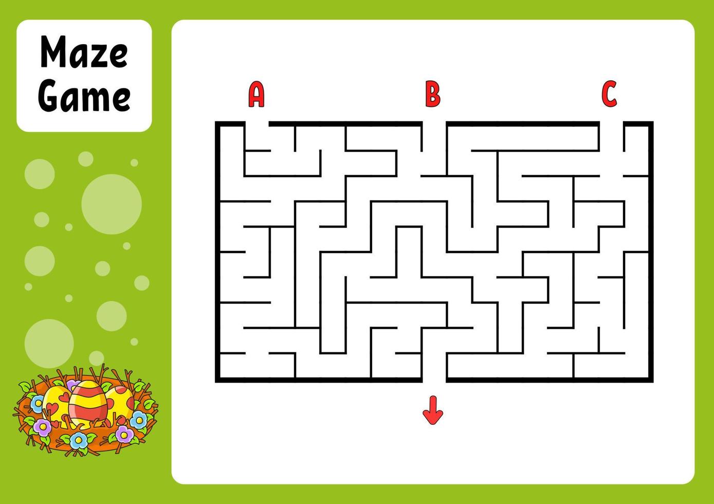 rechteckiges Labyrinth. Spiel für Kinder. drei Eingänge, ein Ausgang. Arbeitsblatt Bildung. Puzzle für Kinder. Labyrinth Rätsel. Farbvektorillustration. den richtigen Weg finden. Thema Ostern. vektor