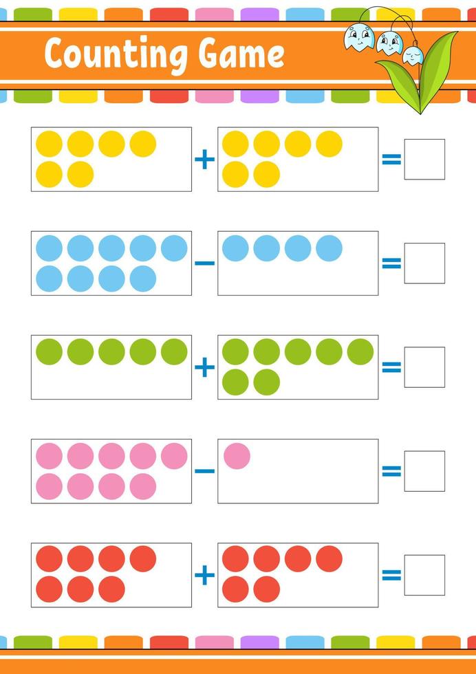 Addition und Subtraktion. Aufgabe für Kinder. Arbeitsblatt zur Bildungsentwicklung. Aktivität Farbseite. Spiel für Kinder. lustiger Charakter. isolierte Vektor-Illustration. Cartoon-Stil. vektor