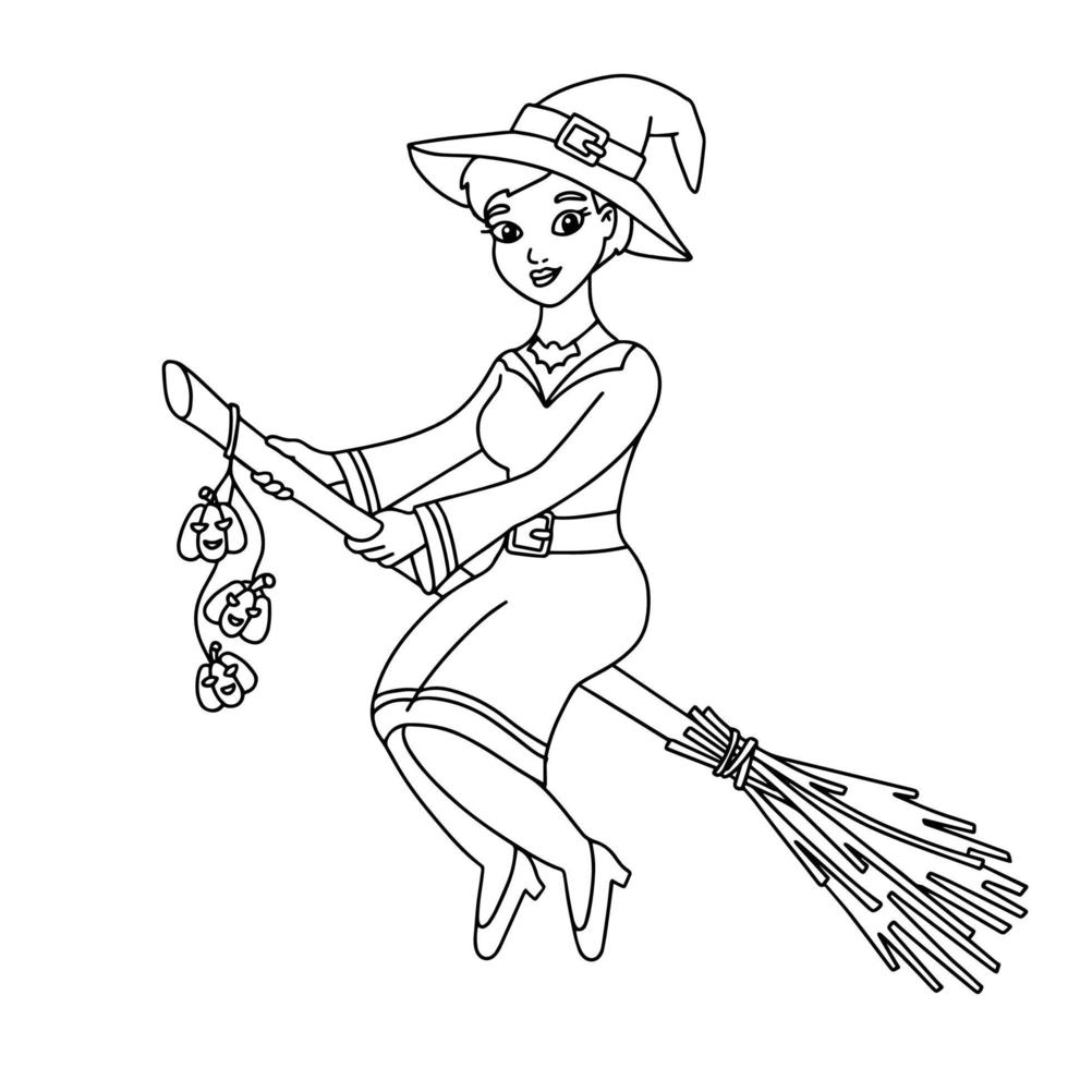 Eine schöne Hexe fliegt auf einem Besenstiel. Malbuchseite für Kinder. Zeichentrickfigur. Vektor-Illustration isoliert auf weißem Hintergrund. Halloween-Thema. vektor