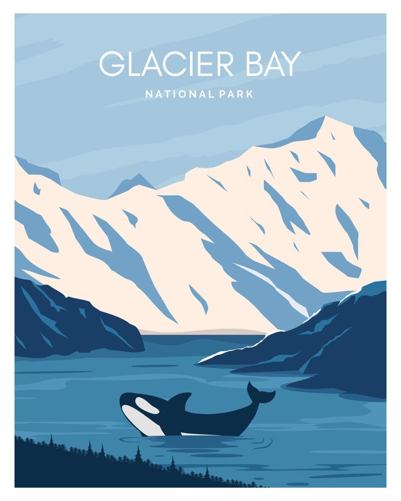 Glacier Bay National Park Landschaft Reisen in die Vereinigten Staaten von Amerika. Vektorhintergrundillustration geeignet für Kunstdruck, Reiseplakat, Postkarte, Grußkarte, Grußkarte, Banner vektor