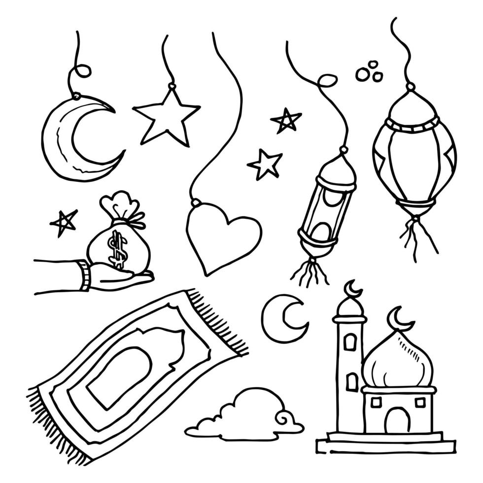 Kritzeleien Strichzeichnungen von Ramadan Kareem Grußkartenkonzept. Vektor-Illustration. vektor