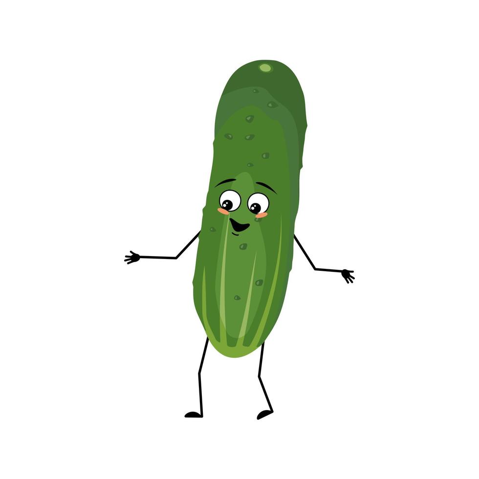 gurka karaktär med glada känslor, glada ansikte, leende ögon, armar och ben. person med uttryck, grön grönsak eller uttryckssymbol. platt vektor illustration