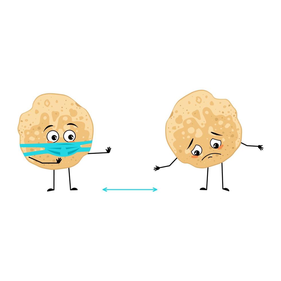 pannkakskaraktär med sorgliga känslor, ansikte och mask håller avstånd, armar och ben. bakningsperson, hembakat bakverk med omsorgsuttryck. mat uttryckssymbol för karneval eller maslenitsa vektor