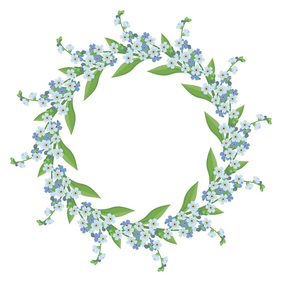 rund krans av små blå glöm mig inte blommor. ram med vårblommande sammansättning med knoppar och löv. festlig dekoration för bröllop, semester, vykort och design. platt vektor illustration