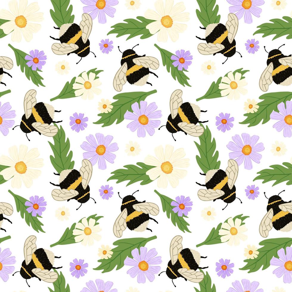 süße hummel auf der wiese nahtloses muster. Sommerhintergrund der Biene und der Blumen. vektor