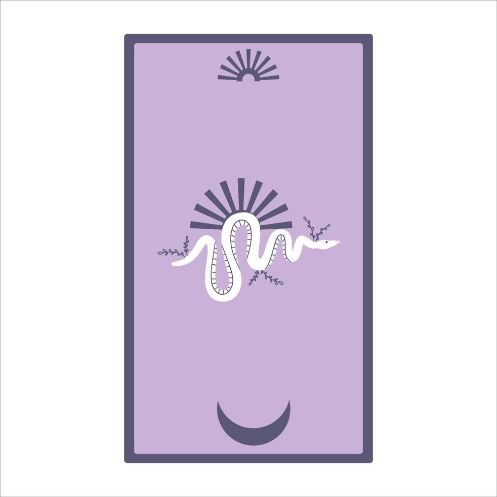 tarotkort med sol och ormar isolerad på en vit bakgrund. himmelsk magi för ockult och spådom. lila minimalism kort. orm med måne. platt vektorillustration. vektor