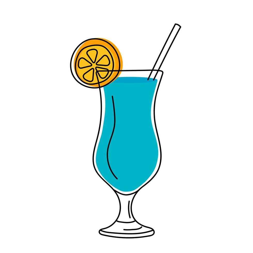 handgezogenes glas blauen cocktail mit orangenscheibe und strohhalm. vektor