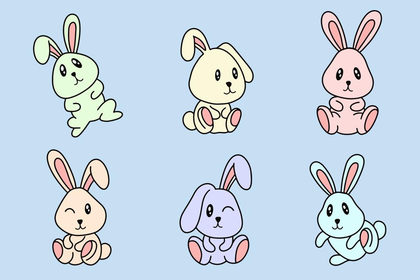 set samling söt kanin bunny pose ansikte öron platt konst djur doodles vektor