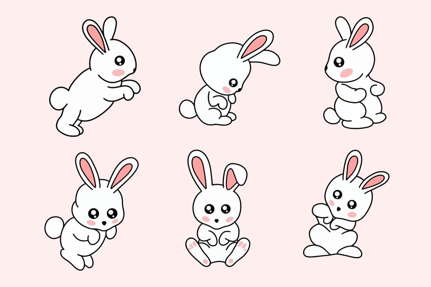 set samling söt kanin bunny pose ansikte öron platt konst djur doodles vektor