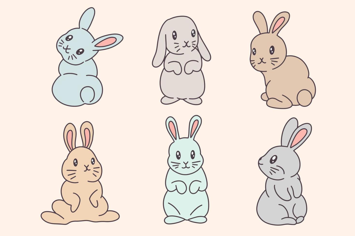 set samling söt kanin bunny pose ansikte öron platt konst djur doodles vektor