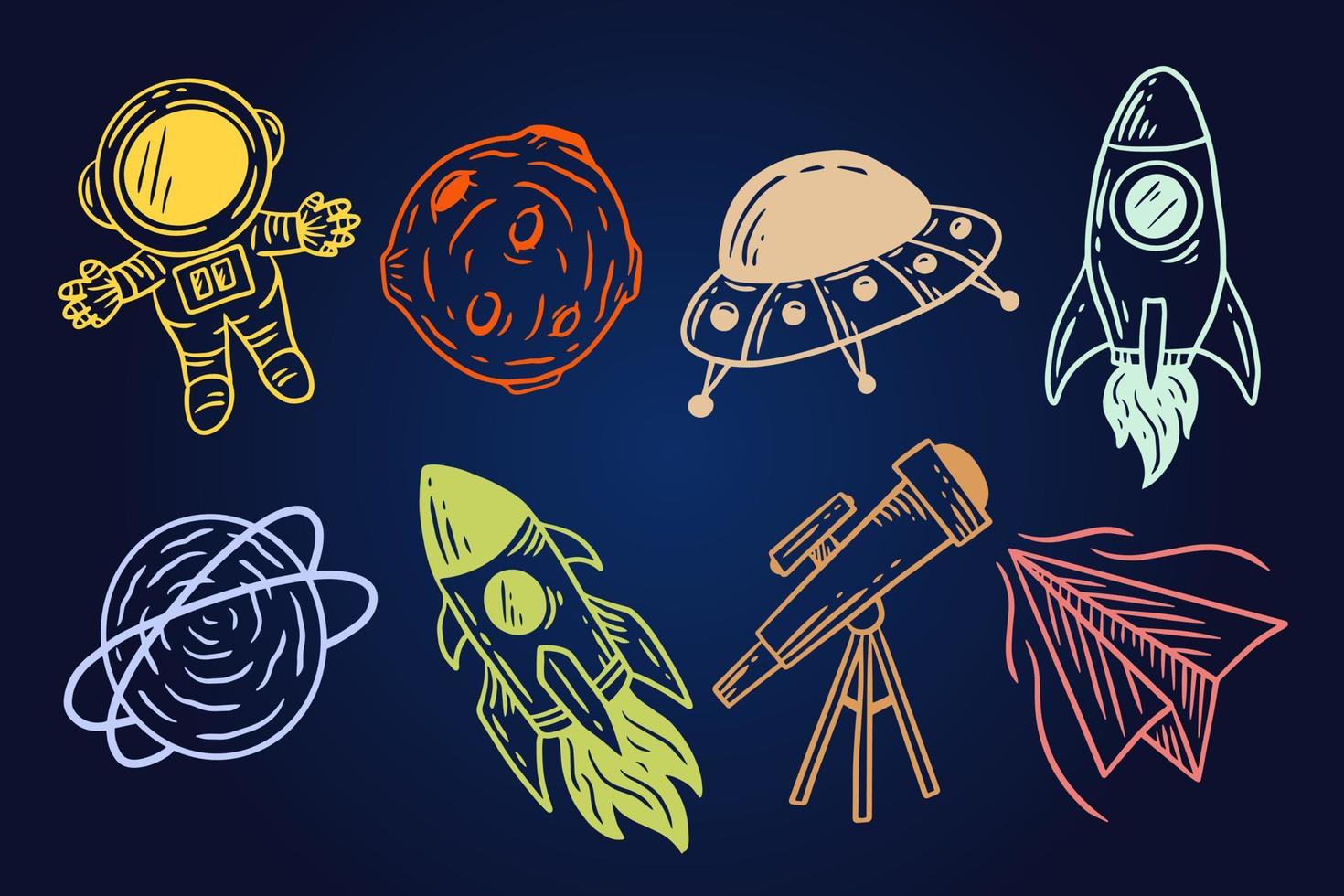 set samling planetariska rymdgalaxen planeter tecknad astronaut handritad färgglada doodle platt konst vektor