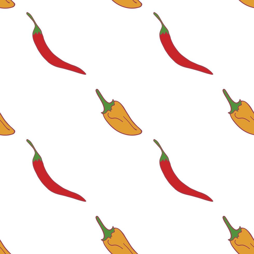 paprika seamless mönster för tapet design.two unge peppar. färsk mat i mogen färg. ekologisk hälsosam grönsak. mat. tecknade mönster på vit bakgrund. vektor doodle design.