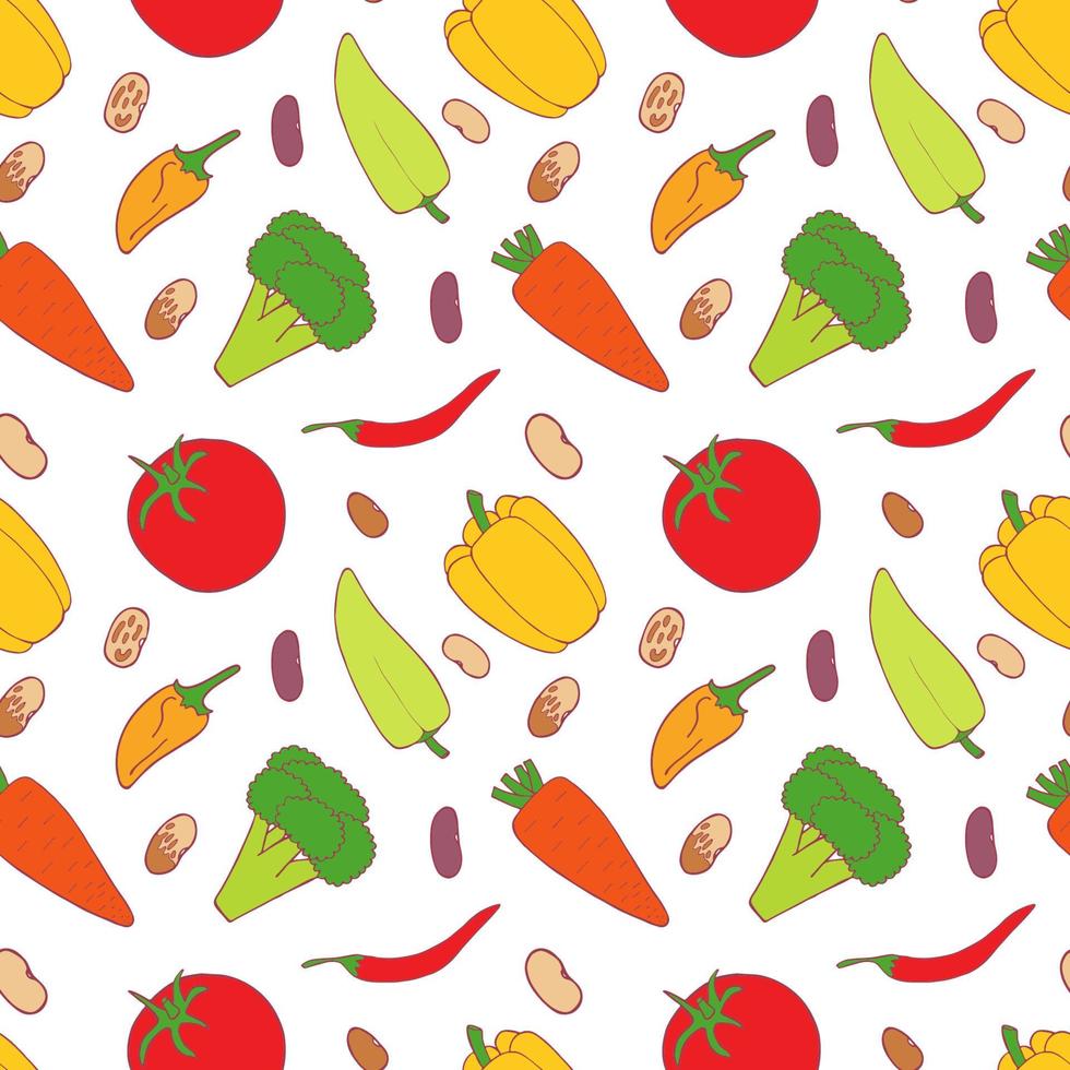 vegetabiliska sömlösa mönster för tapetdesign. peppar, broccoli, morot, bönor, tomat. ekologisk hälsosam grönsak. raw, vegan, vegetarisk mat. vektor doodle design