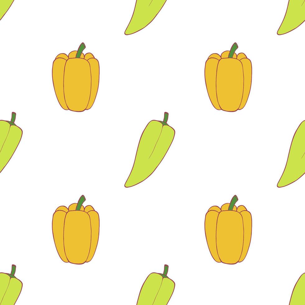 Paprika gelb und grün Musterdesign für Tapetendesign. frisches reifes Farbfutter. Bio gesundes veganes, vegetarisches Essen. karikaturmuster auf weißem hintergrund. Vektor-Doodle-Design. vektor