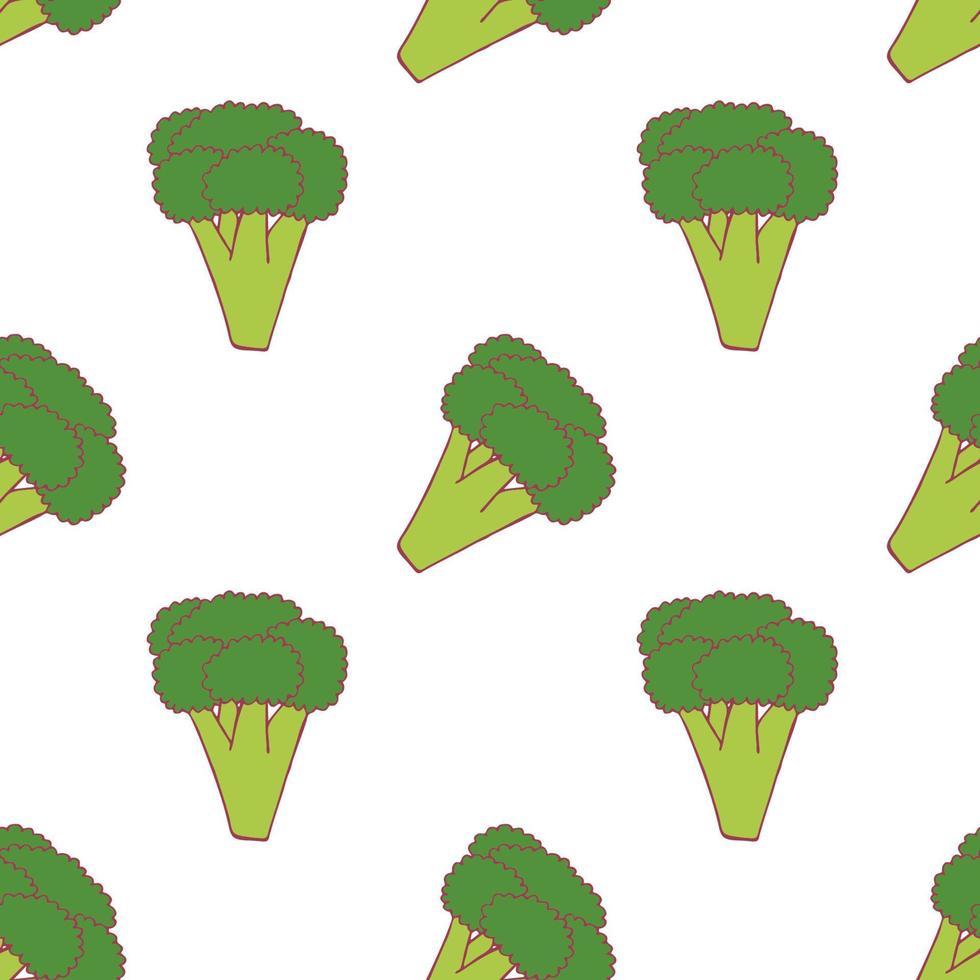 broccoli sömlösa mönster för tapetdesign. färsk mat i mogen färg. ekologisk hälsosam grönsak. raw, vegan, vegetarisk mat. tecknade mönster på vit bakgrund. vektor doodle design.
