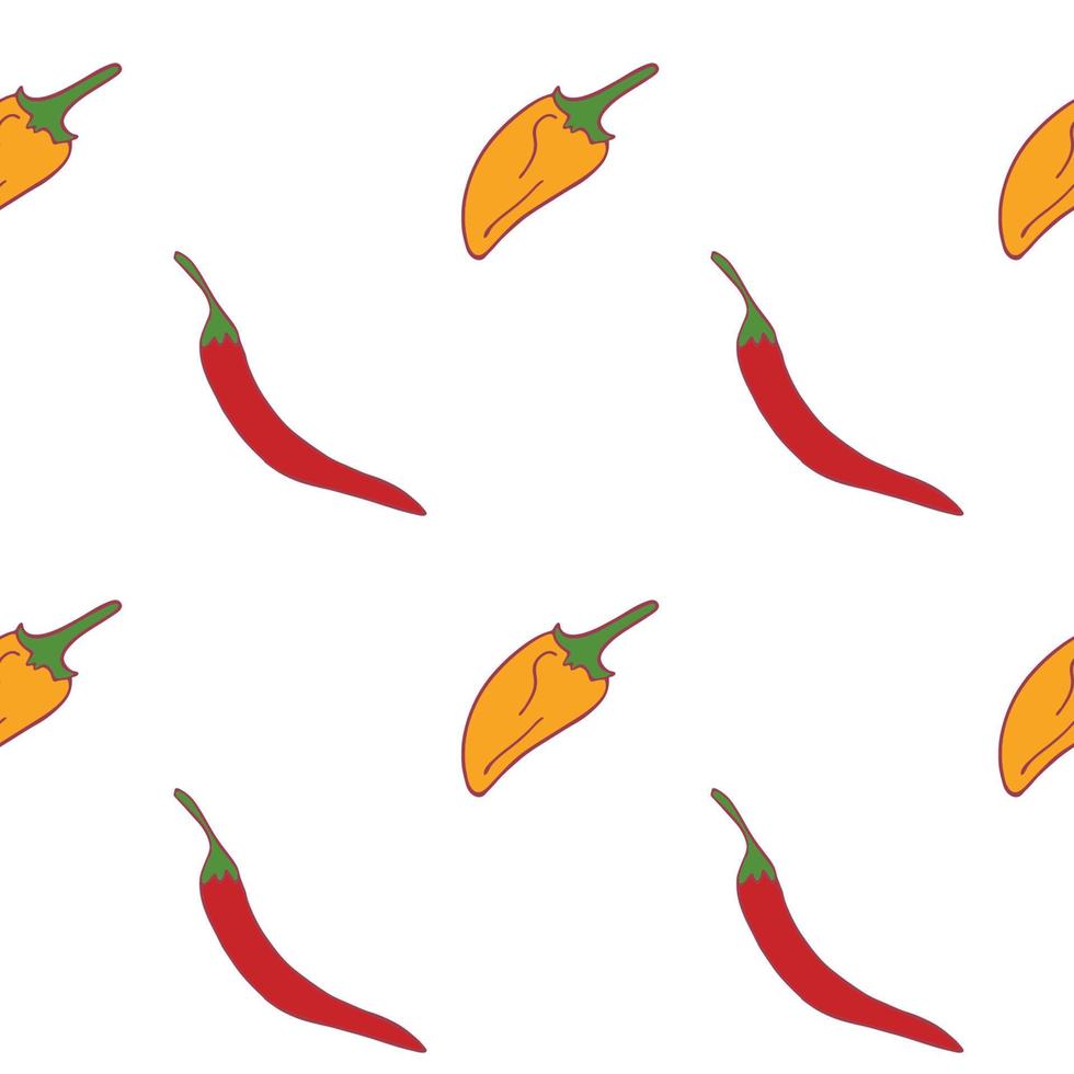 paprika seamless mönster för tapet design.two unge peppar. färsk mat i mogen färg. ekologisk hälsosam grönsak. mat. tecknade mönster på vit bakgrund. vektor doodle design.