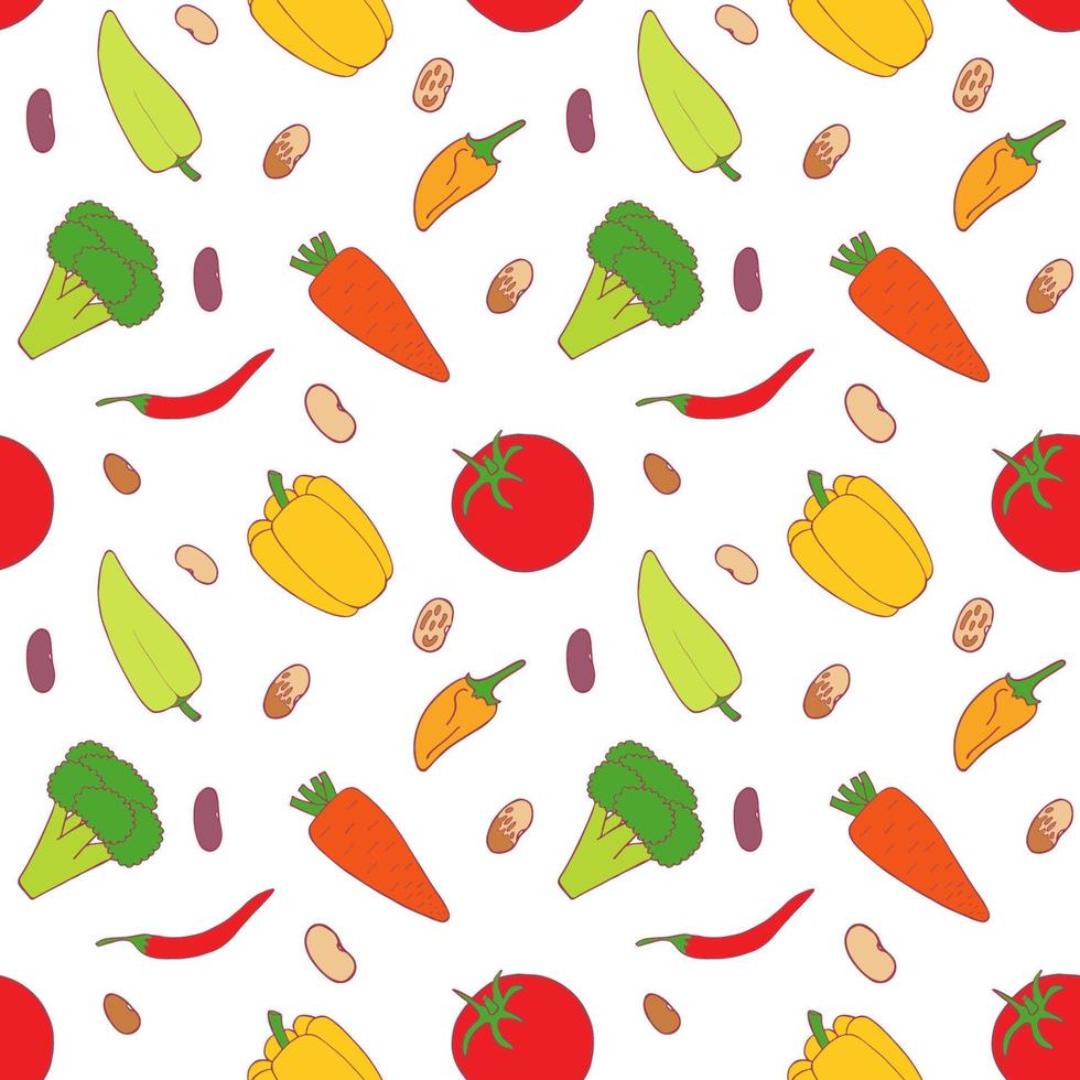 Gemüsenahtloses Muster für Tapetendesign. Paprika, Brokkoli, Karotten, Bohnen, Tomaten. organisches gesundes gemüse. rohes, veganes, vegetarisches Essen. Vektor-Doodle-Design. vektor