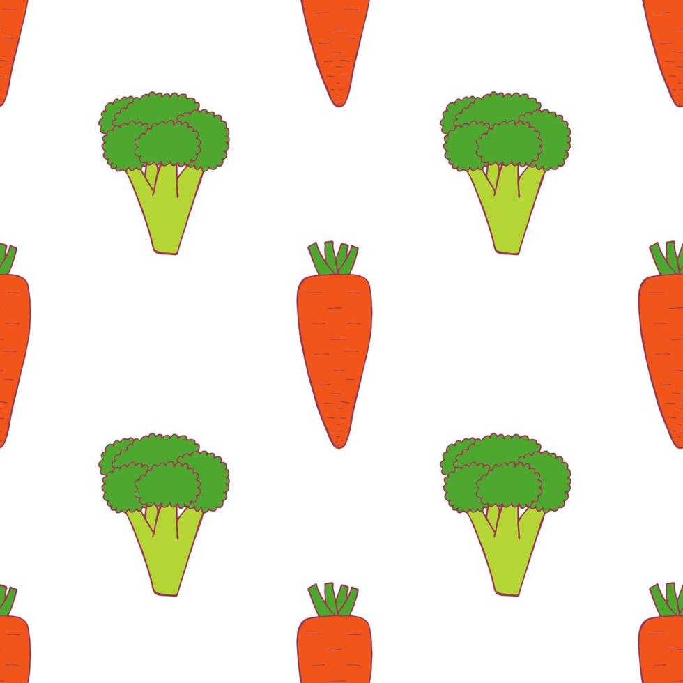 morot och broccoli sömlösa mönster för tapetdesign. färsk mat i mogen färg. ekologisk hälsosam grönsak. raw, vegan, vegetarisk mat. tecknade mönster på vit bakgrund. vektor doodle design.