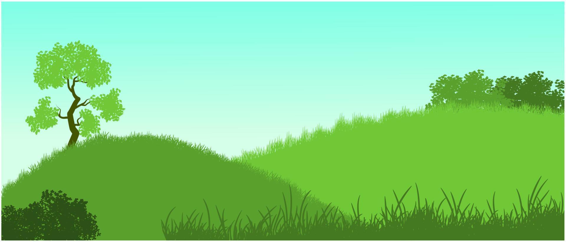 grönt gräs tecknade kullar siluett och sommar himmel vektor