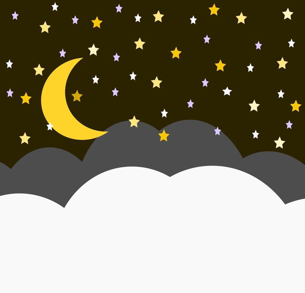 vektor design av natt ton färg himmel tema består av stjärnor och moln och månen. godnatt eller bra drömkoncept. kopiera utrymme för ord, fraser, citat, idiom, texter. ramadan kareem, måne, stjärna.
