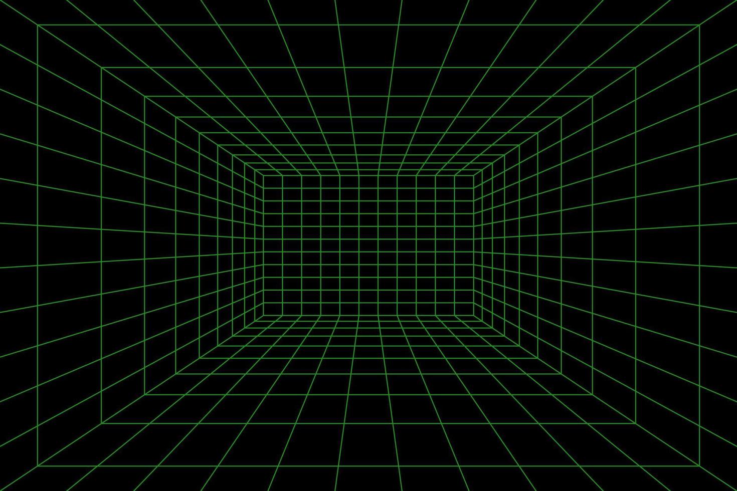 Rasterraum in Perspektive, Vektordarstellung im 3D-Stil. Innendrahtgitter aus grünem Laserstrahl, Vorlage Innenquadrat, digitale leere Box. abstrakter geometrischer Designhintergrund vektor