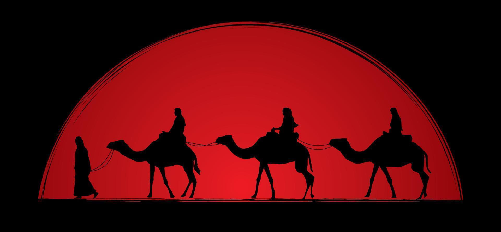 Kameltreiber mit Kamelen auf Sonnenunterganghintergrund vektor