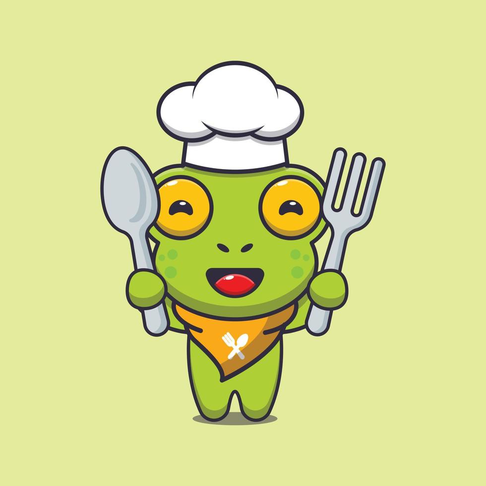 söt groda kock maskot seriefigur håller sked och gaffel vektor