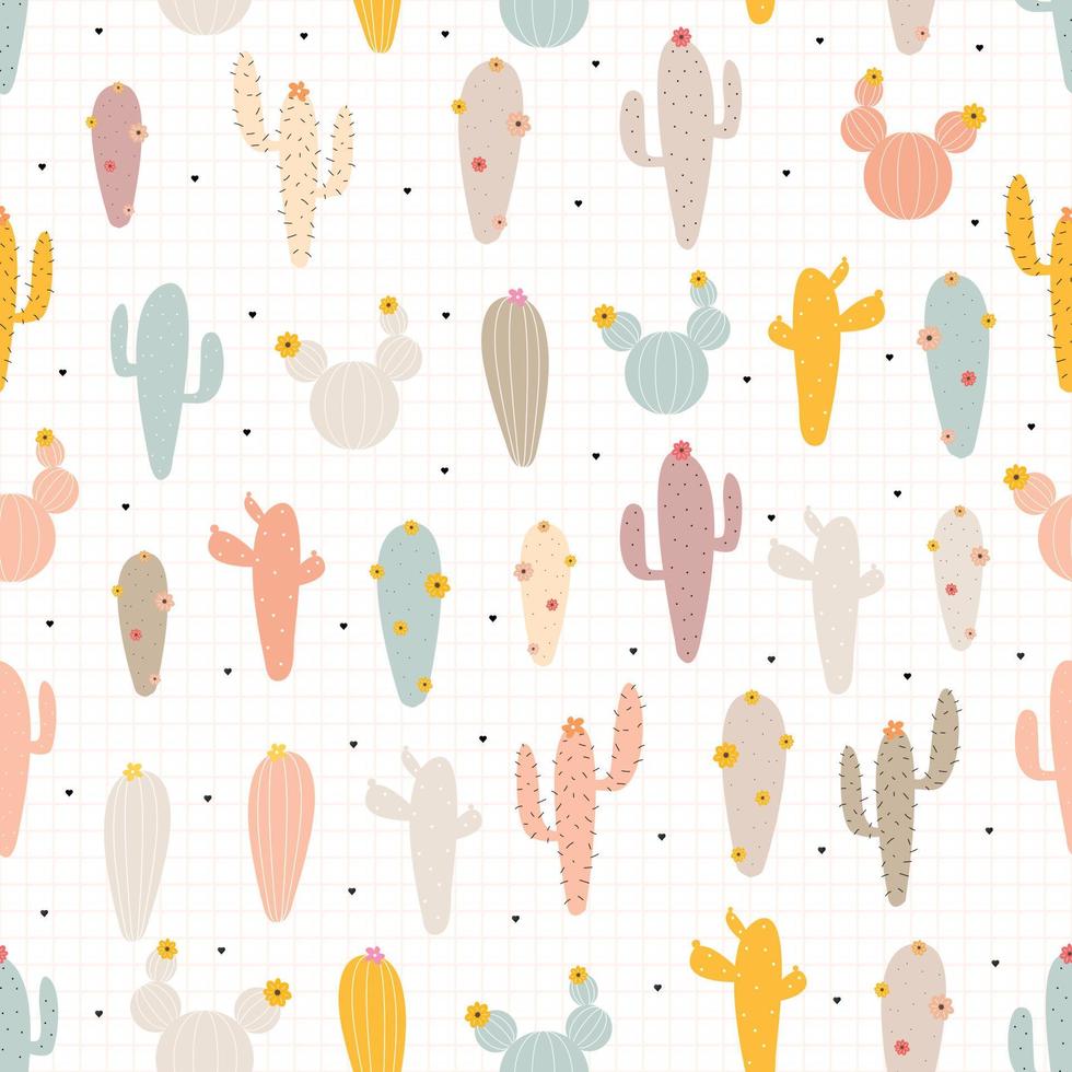 handgezeichnetes süßes nahtloses muster wiederholen den hintergrund mit dem kaktus und dem quadratischen gitter. modernes Vektordesign für Geschenkverpackungen, Textilien, Vektorgrafiken. vektor