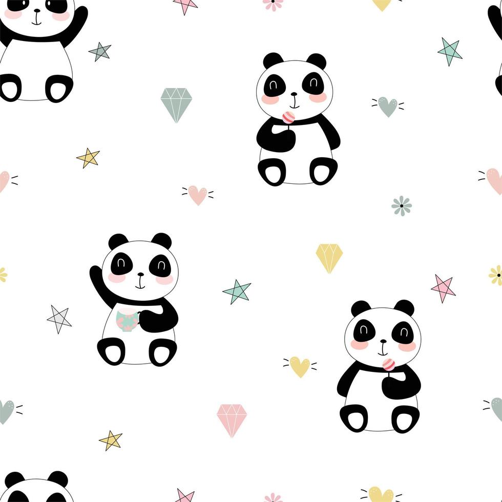 nahtloses Muster für Kinder. hintergrund mit panda-zeichentrickfiguren niedlichen tieren, die sitzen und lutscher essen, designideen, die für druck, geschenkverpackung, babykleidung, textil, vektorillustration verwendet werden vektor