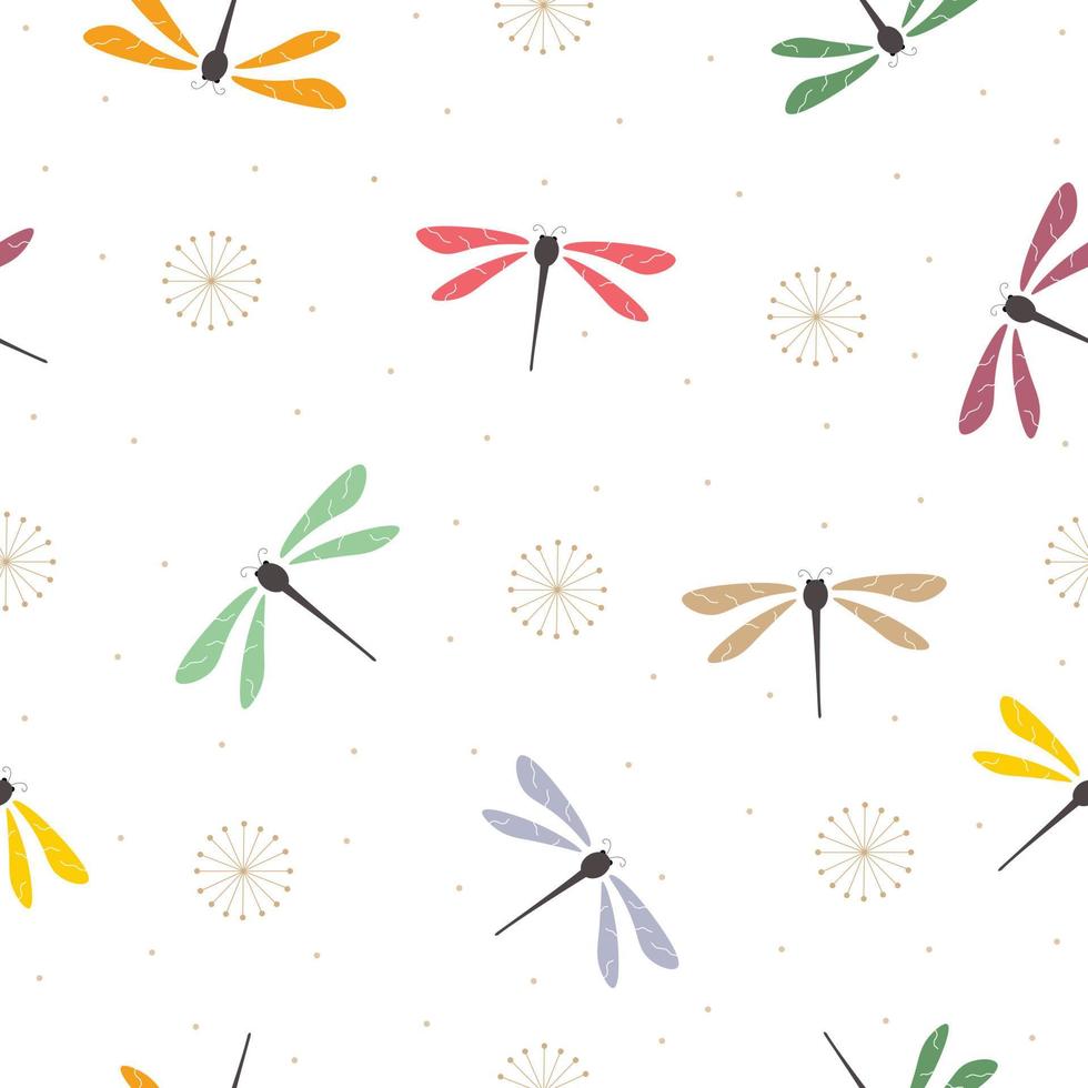 sömlösa mönster färgglada trollslända bakgrund med pollen spridda runt söta designidéer som används för utskrift, gratulationskort, presentpapper, babykläder, textilier. vektor illustration