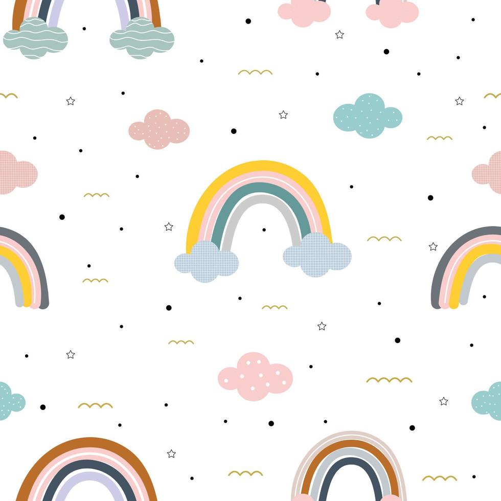 Nahtloses Muster vor dem Hintergrund von Patel, dem Regenbogen und den Cloud-Designkonzepten, die für den Druck, Kinderprodukthintergrund, Geschenkverpackung, Kinderbekleidung, Textilien, Vektorbilder verwendet werden vektor