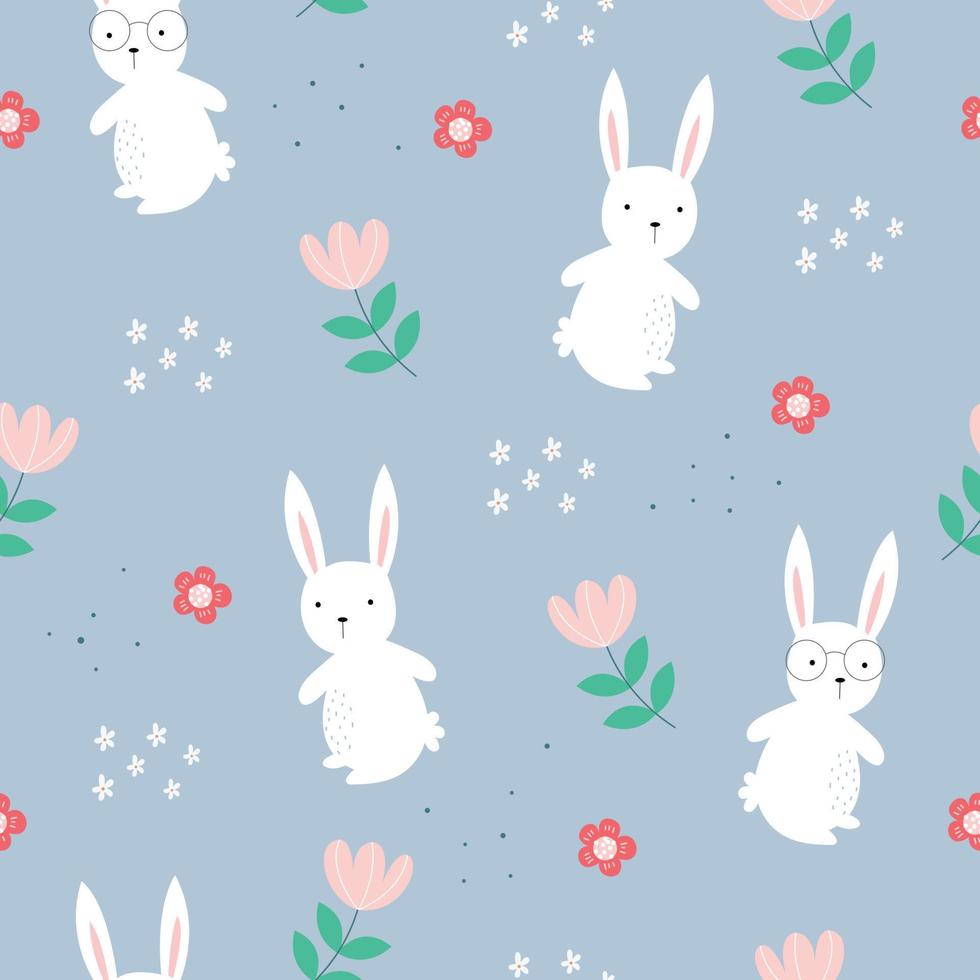 sömlös upprepning vektor mönster söta seriefigurer djur med vita kaniner och blommor. idealiskt designkoncept för textilier, barnkläder, publikationer, omslagspapper