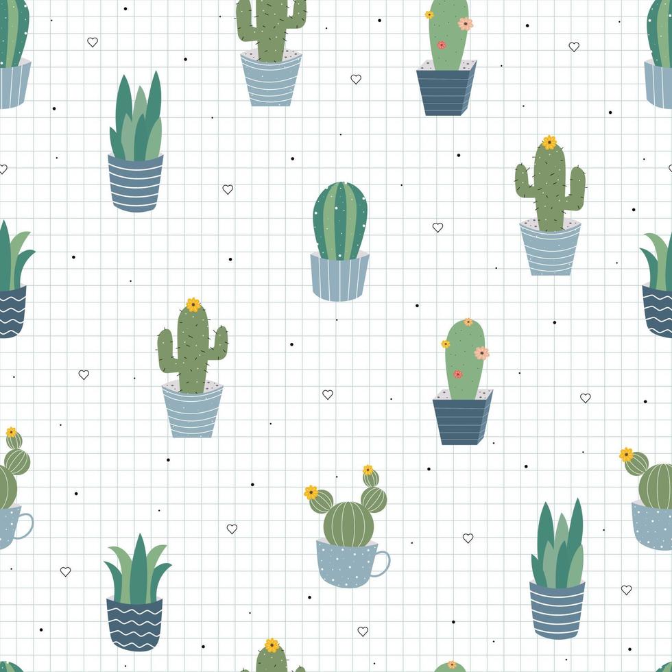 söta handritade sömlösa mönster upprepa bakgrunden med en kaktus i krukan och ett fyrkantigt rutnät bakom. modern vektordesign som används för presentförpackning, textil, vektorillustration vektor
