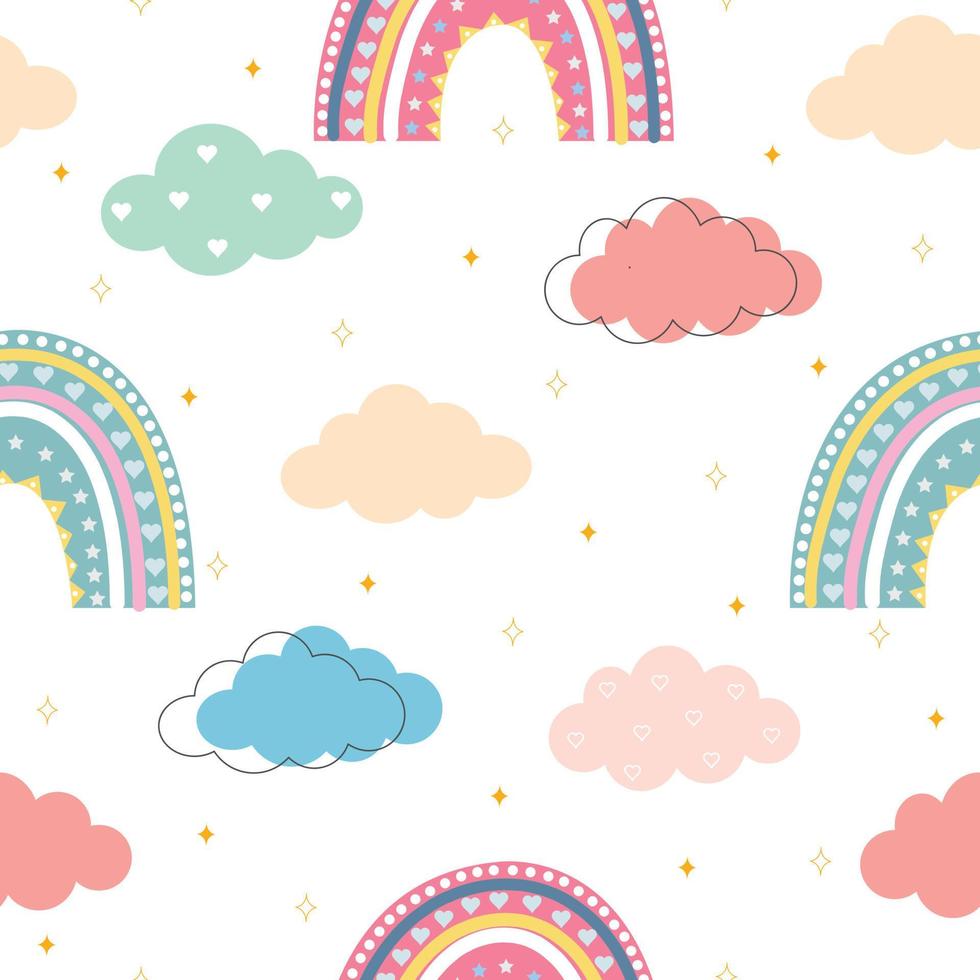 Nahtloses Muster vor dem Hintergrund von Patel, dem Regenbogen und den Cloud-Designkonzepten, die für den Druck, Kinderprodukthintergrund, Geschenkverpackung, Kinderbekleidung, Textilien, Vektorbilder verwendet werden vektor