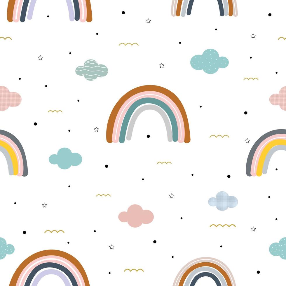 Nahtloses Muster vor dem Hintergrund von Patel, dem Regenbogen und den Cloud-Designkonzepten, die für den Druck, Kinderprodukthintergrund, Geschenkverpackung, Kinderbekleidung, Textilien, Vektorbilder verwendet werden vektor