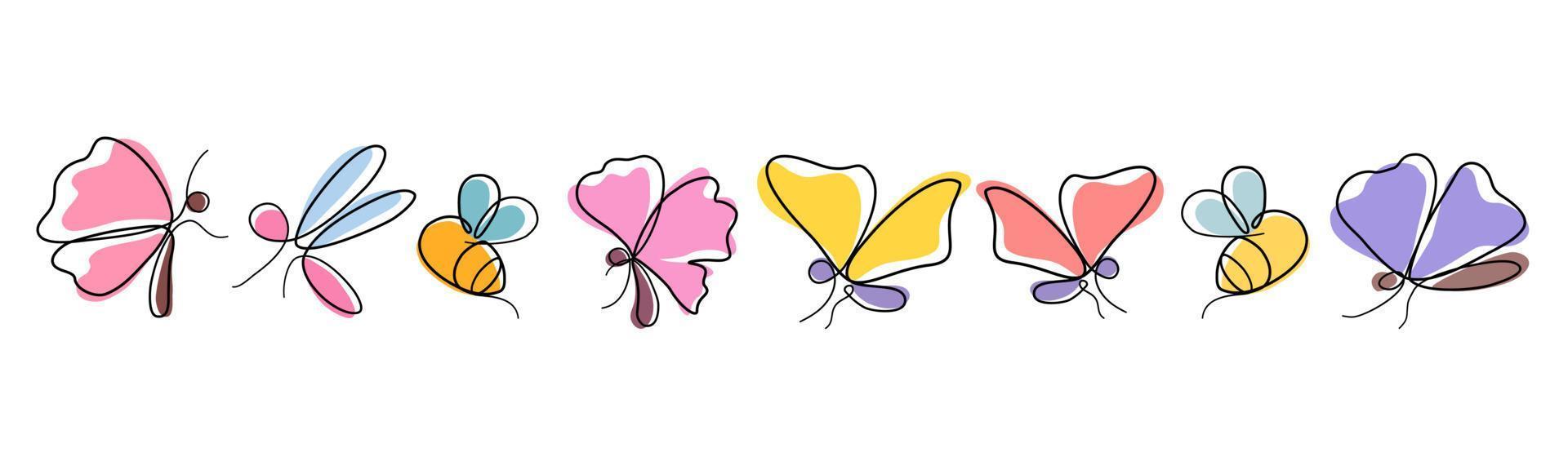 abstraktes Schmetterlings-, Libellen- und Bienenset im einfachen Doodle-Stil für Karten, Bekleidung, Stoffe, Papiermotive, Digitaldrucke. Frühlingsdeko, Kissen, Tassen, Taschen etc. vektor